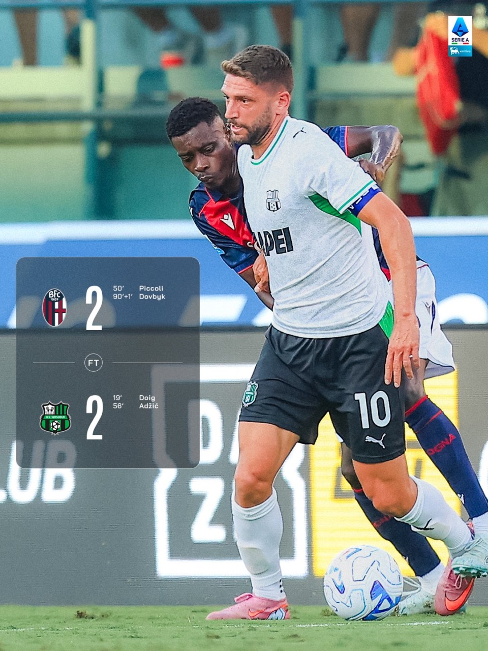 Bologna-Sassuolo, rimonta al fotofinish: Dovbyk firma il 2-2